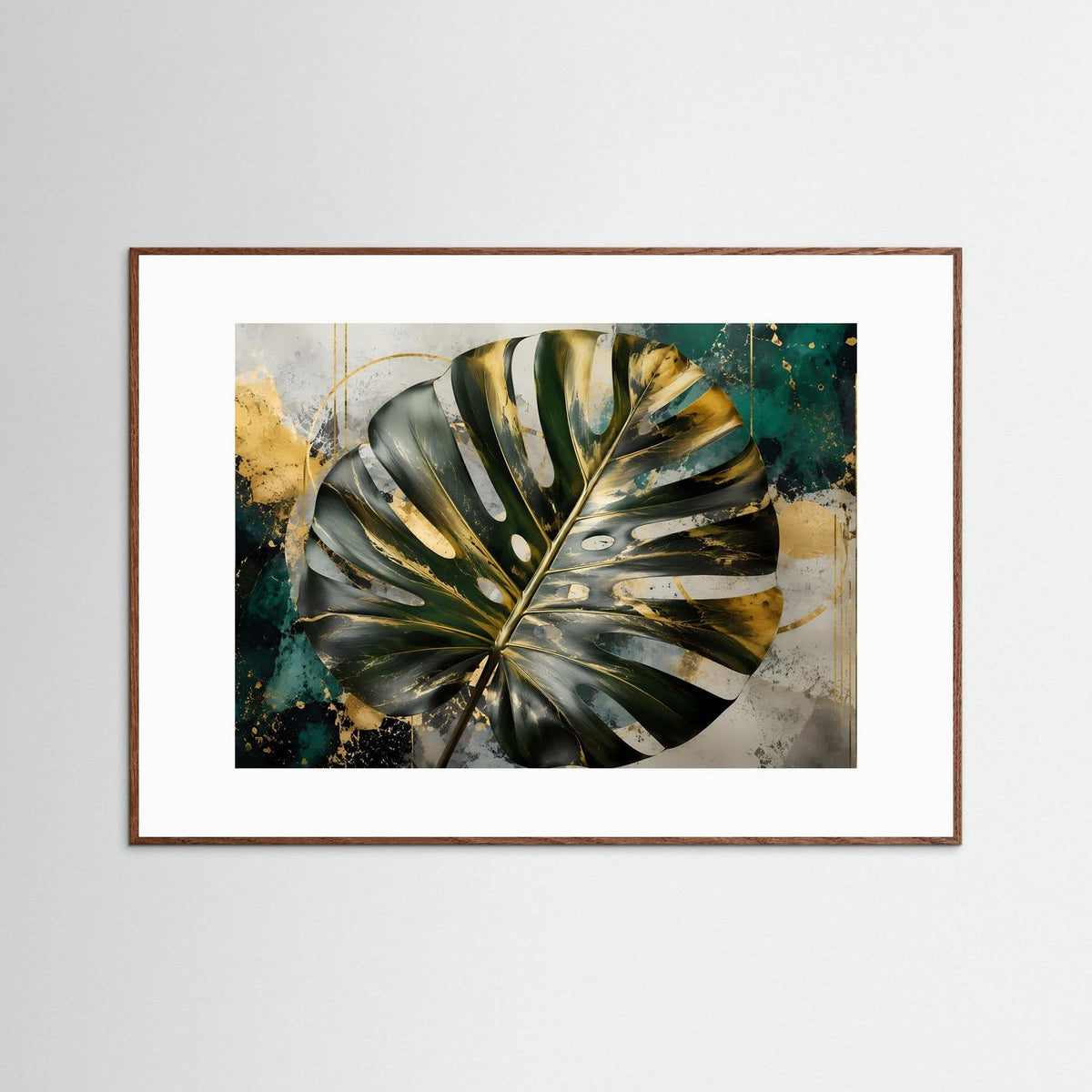 Gerahmtes Wandbild mit Monstera-Blatt in Gold- und Grün-Tönen, braunes Rahmenprofil