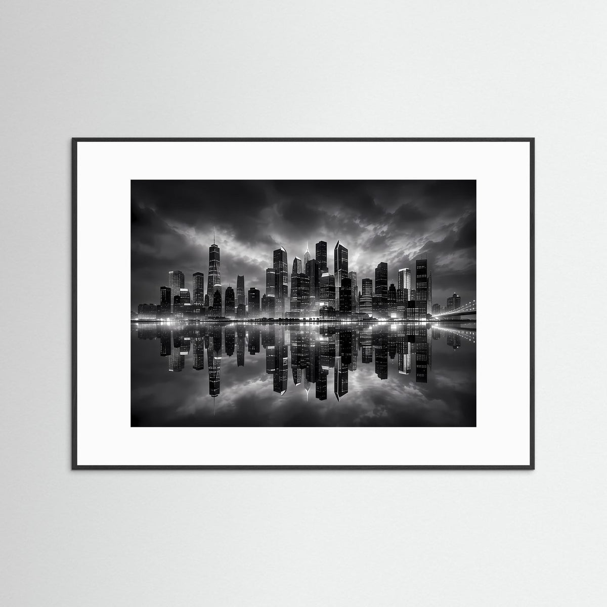Stadtbild-Poster in Schwarzweiß mit Skyline und Spiegelung; schwarzer Rahmen mit weißem Rand.
