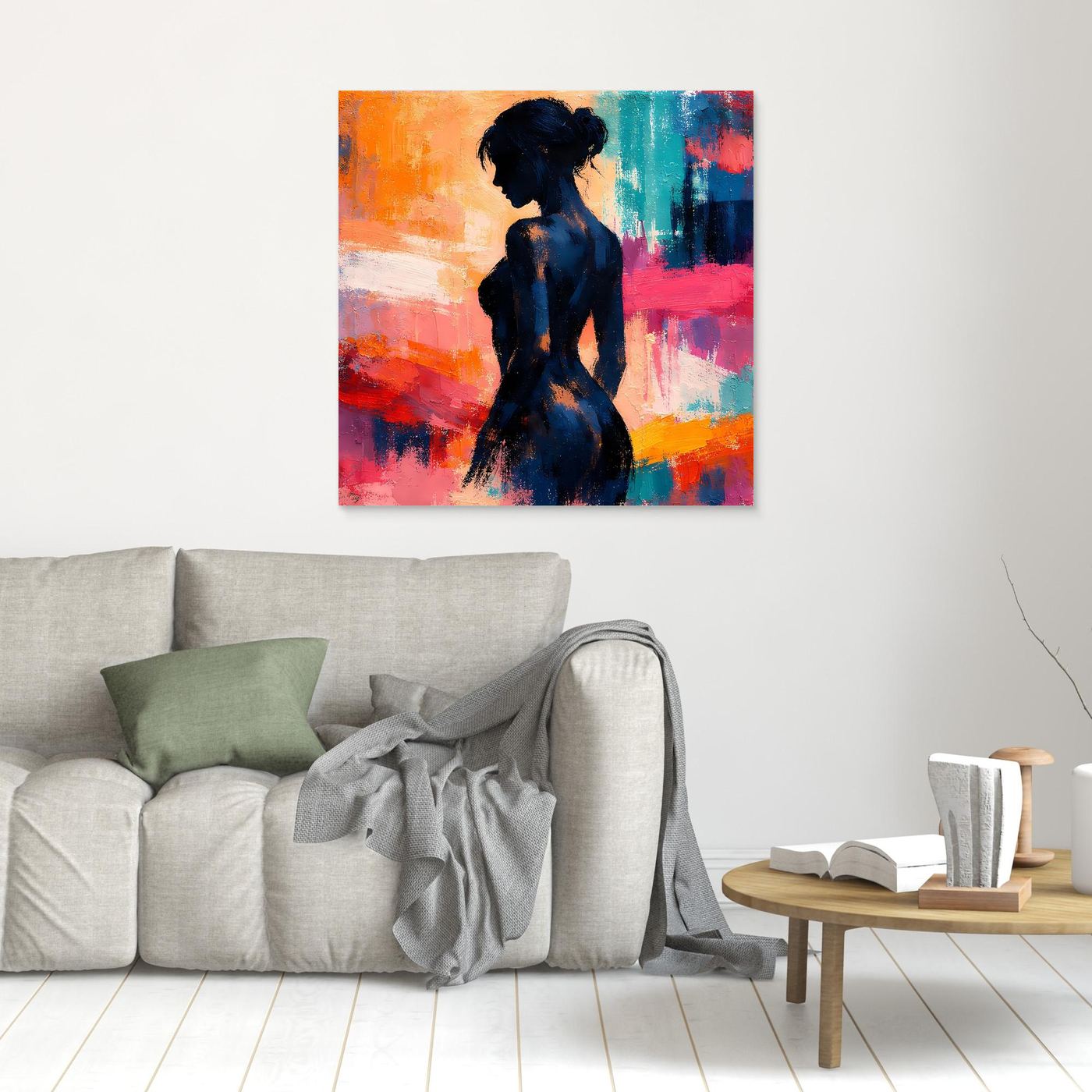 Kleines Wandbild auf Leinwand mit abstrakter Frauen-Silhouette in dunklem Blau, brauner Rahmen