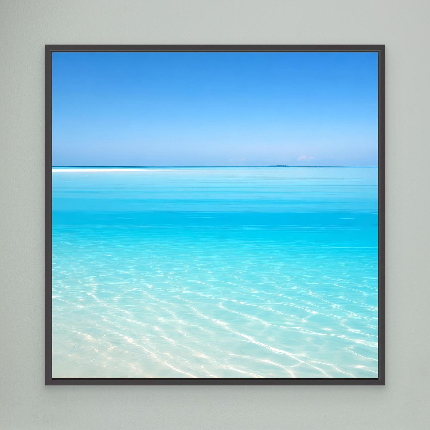 Leinwandbild mit schwarzem Rahmen, türkisblaues Meer mit Horizont und Schaumwellen