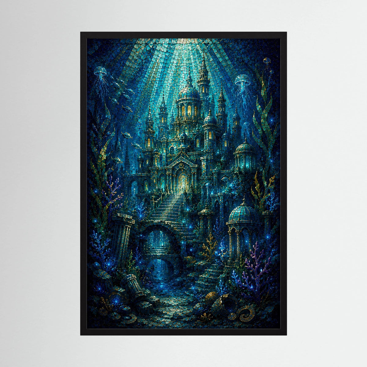 Gerahmtes Hochformat-Poster mit Unterwasserstadt im Mosaikstil, Blau und Gold, schwarzer Rahmen