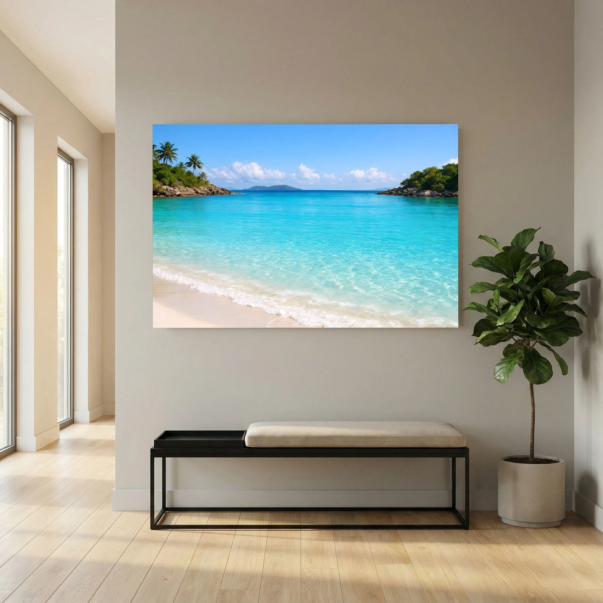 Strand-Wandbild mit türkisfarbenem Meer, Palmen und weißem Sandstrand