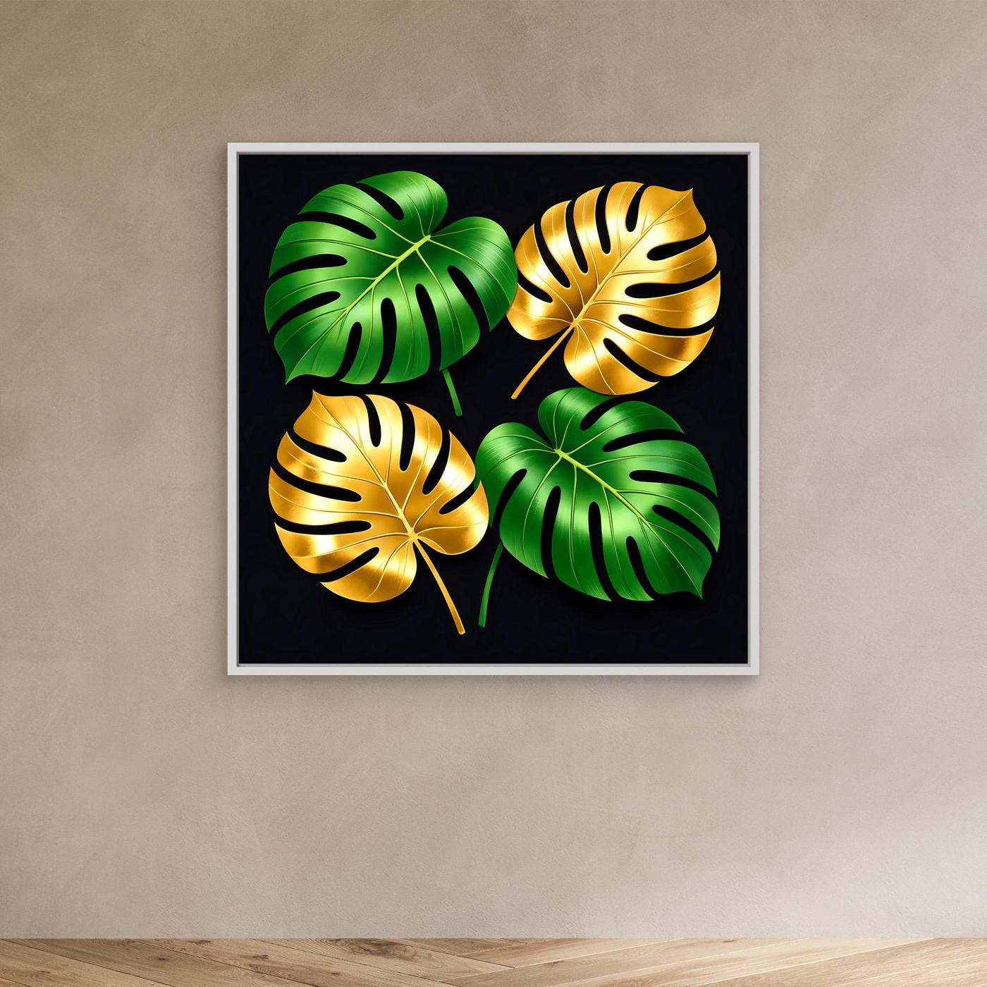 Leinwandbild mit Monstera-Blättern, goldgrün, grauer Rahmen