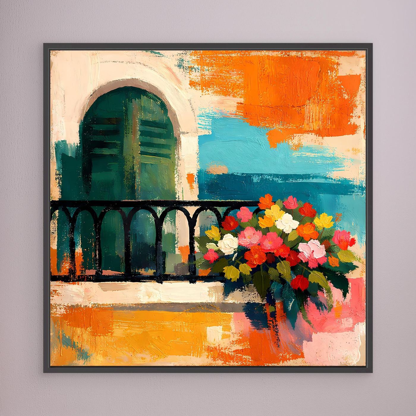Framed Mediterranean balcony wall art with arched window and colorful flower bouquet, dark frame