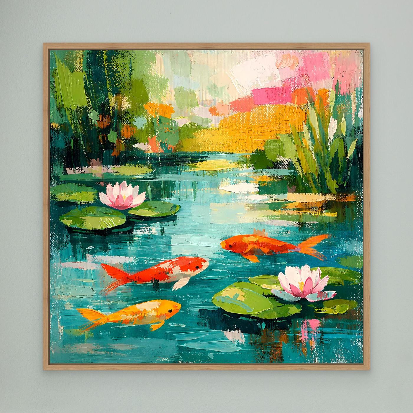 Wood-framed canvas wall art featuring koi fish, lily pads, and pink water lilies