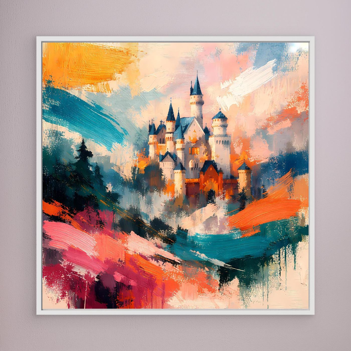 Premium Leinwand Märchenhaftes Schloss in abstrakten Farben | Modernes Castle Wandbild