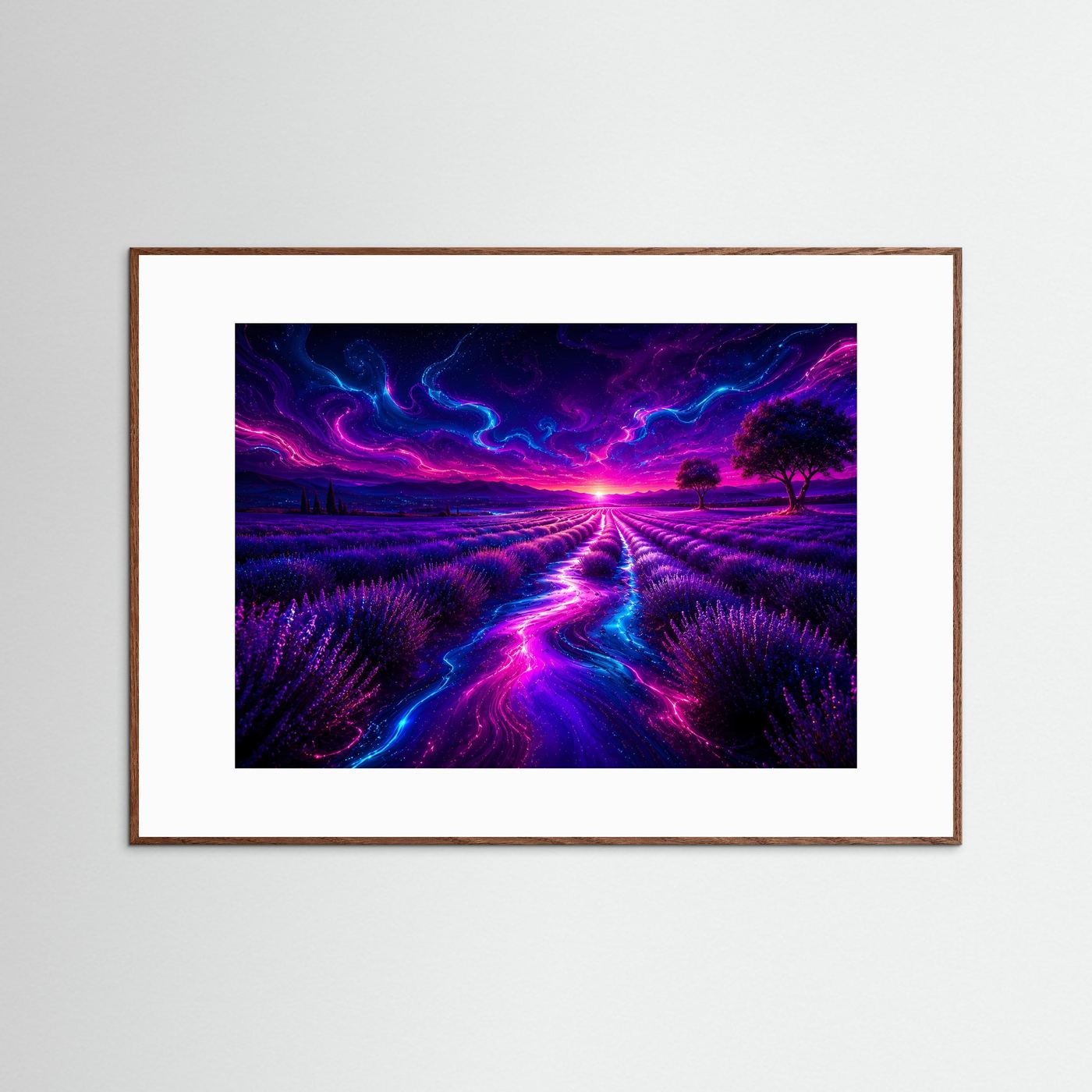 Lavendelfeld Neon Wandbild | Abstrakte Landschaft in Lila Blau Pink | Modernes Fantasy Leinwandbild | Leuchtendes Fine Art Poster | Surreale Wandkunst