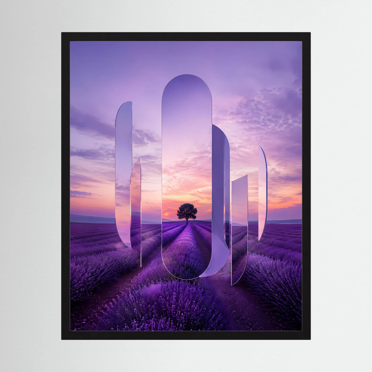 Kunstposter im Hochformat im schwarzen Rahmen: Lavendelfeld bei Sonnenuntergang, violett