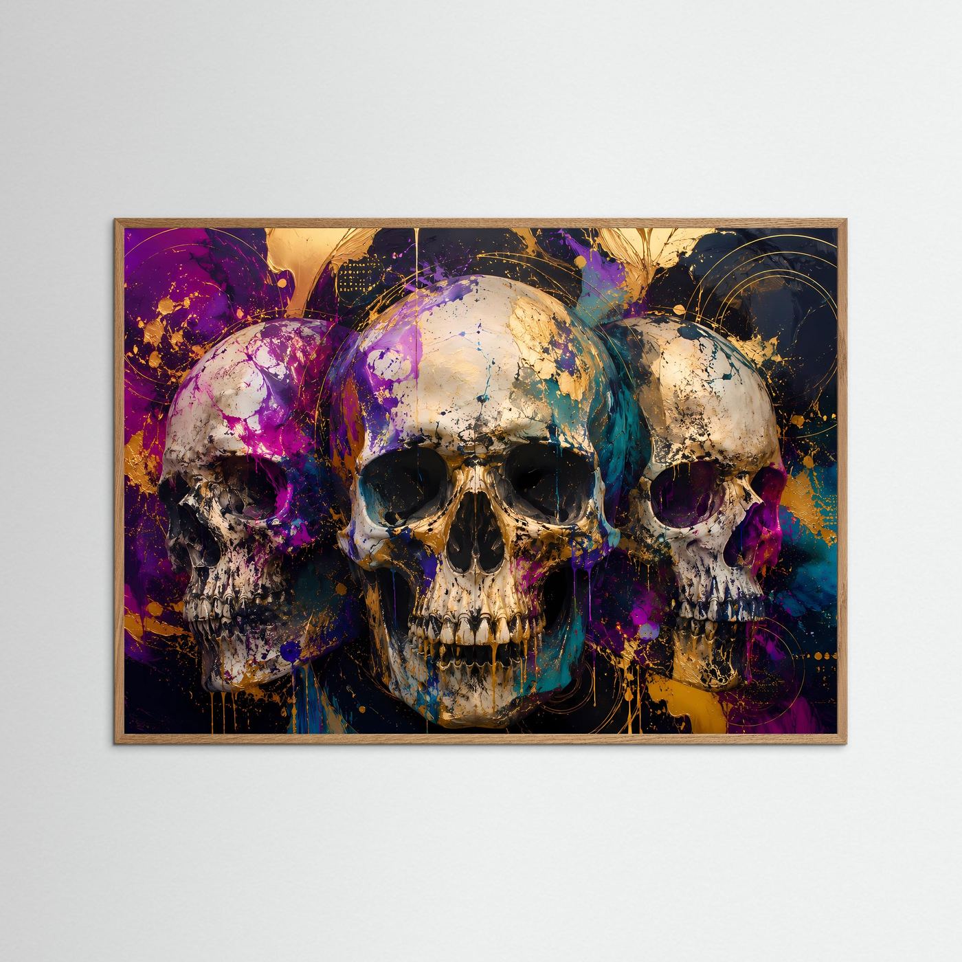 Mystische Totenköpfe mit Gold & Farbexplosion | Modernes Gothic & Abstraktes Poster im Querformat