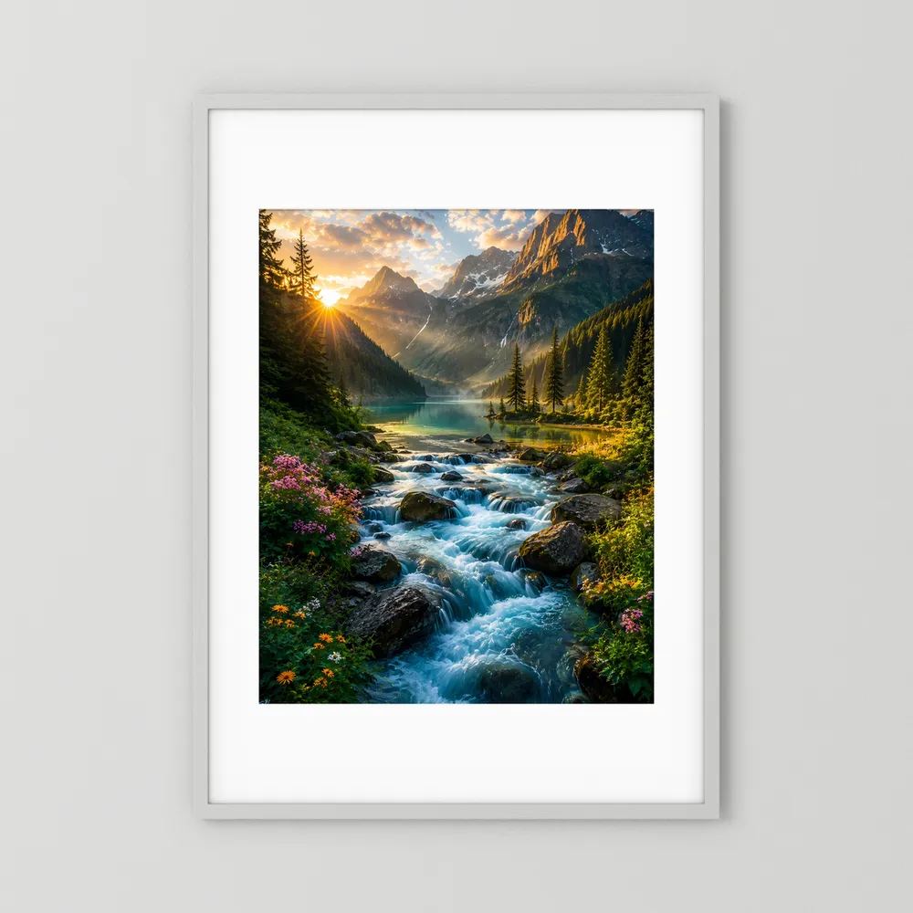 Hochformat-Poster im weißen Rahmen mit weißem Rand: Gebirgsbach, Berge und Sonnenaufgang