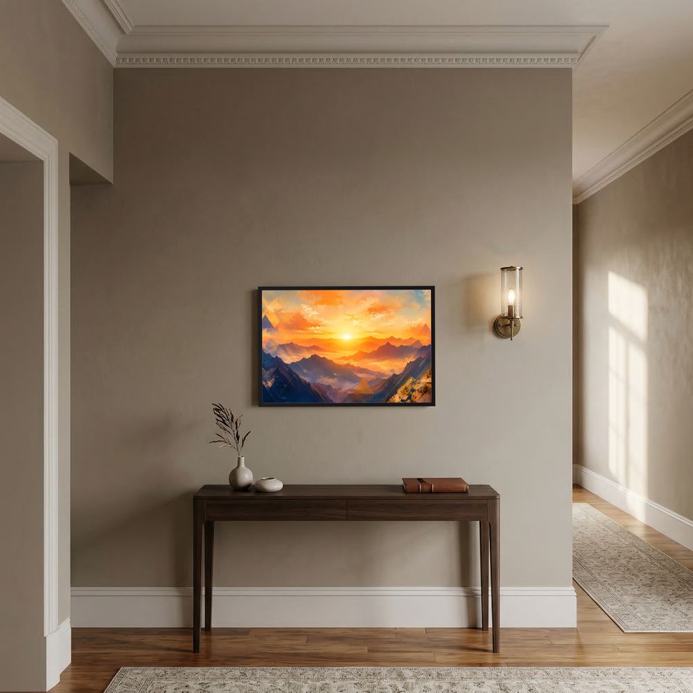 Gerahmtes Landschaftsgemälde mit orangefarbenem Sonnenuntergang und blauen Bergen im Querformat.