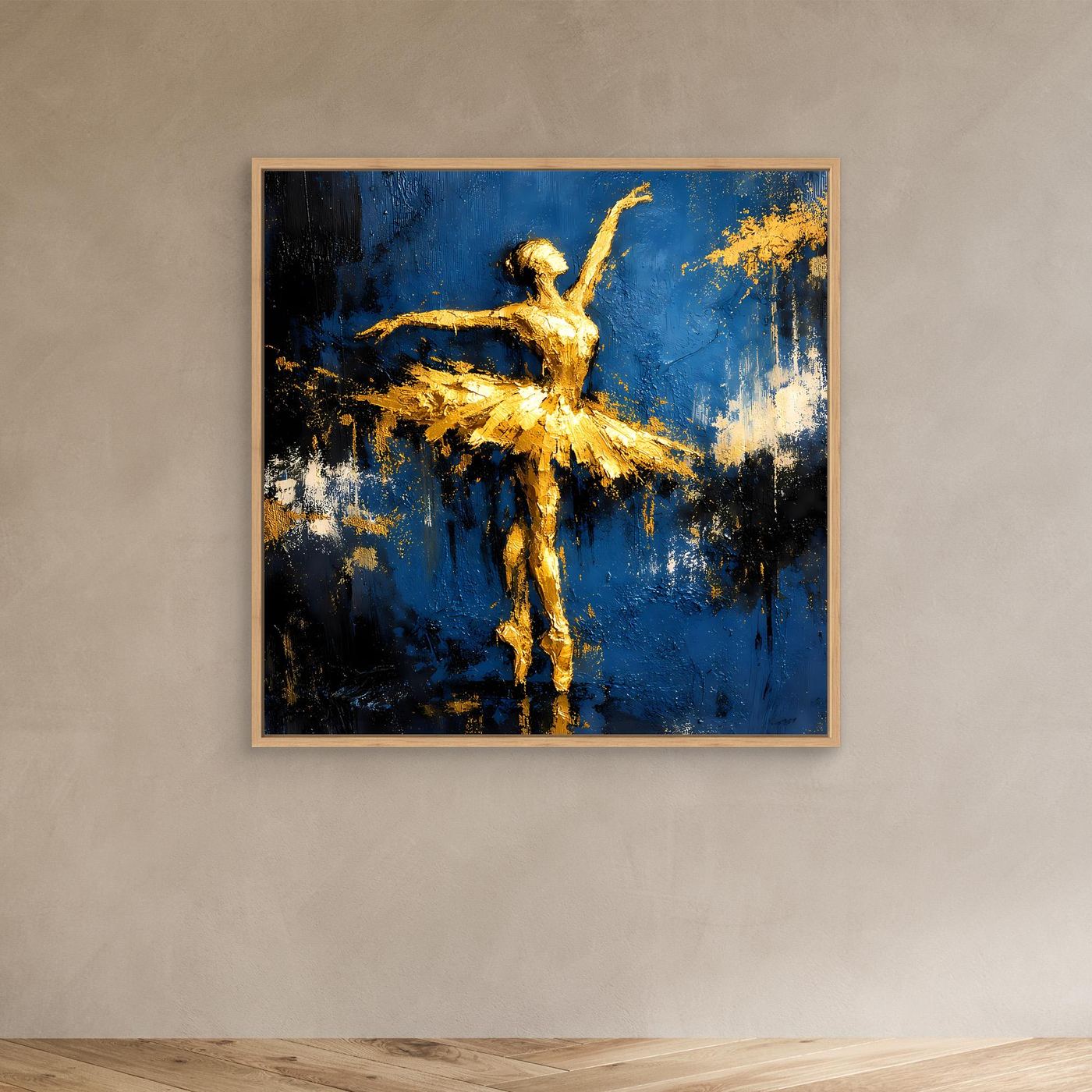 Leinwand Elegante Ballerina in Gold und Blau | Abstraktes Ballett Wandbild