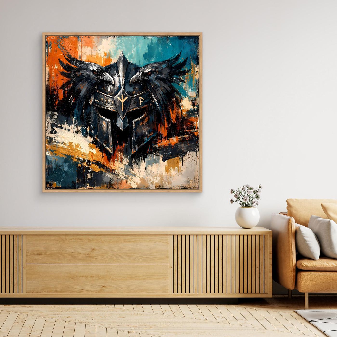 Leinwand-Wandbild mit Odin-Helm und Raben, abstrakt, mehrfarbig, beigefarbener Rahmen