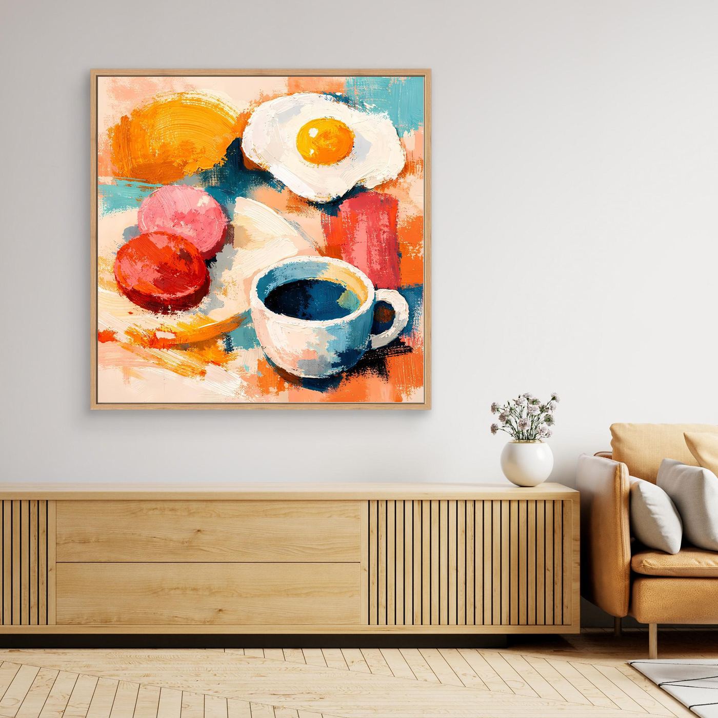 Abstraktes Wandbild aus Leinwand mit Spiegelei und Kaffeetasse, gerahmt in Holzrahmen