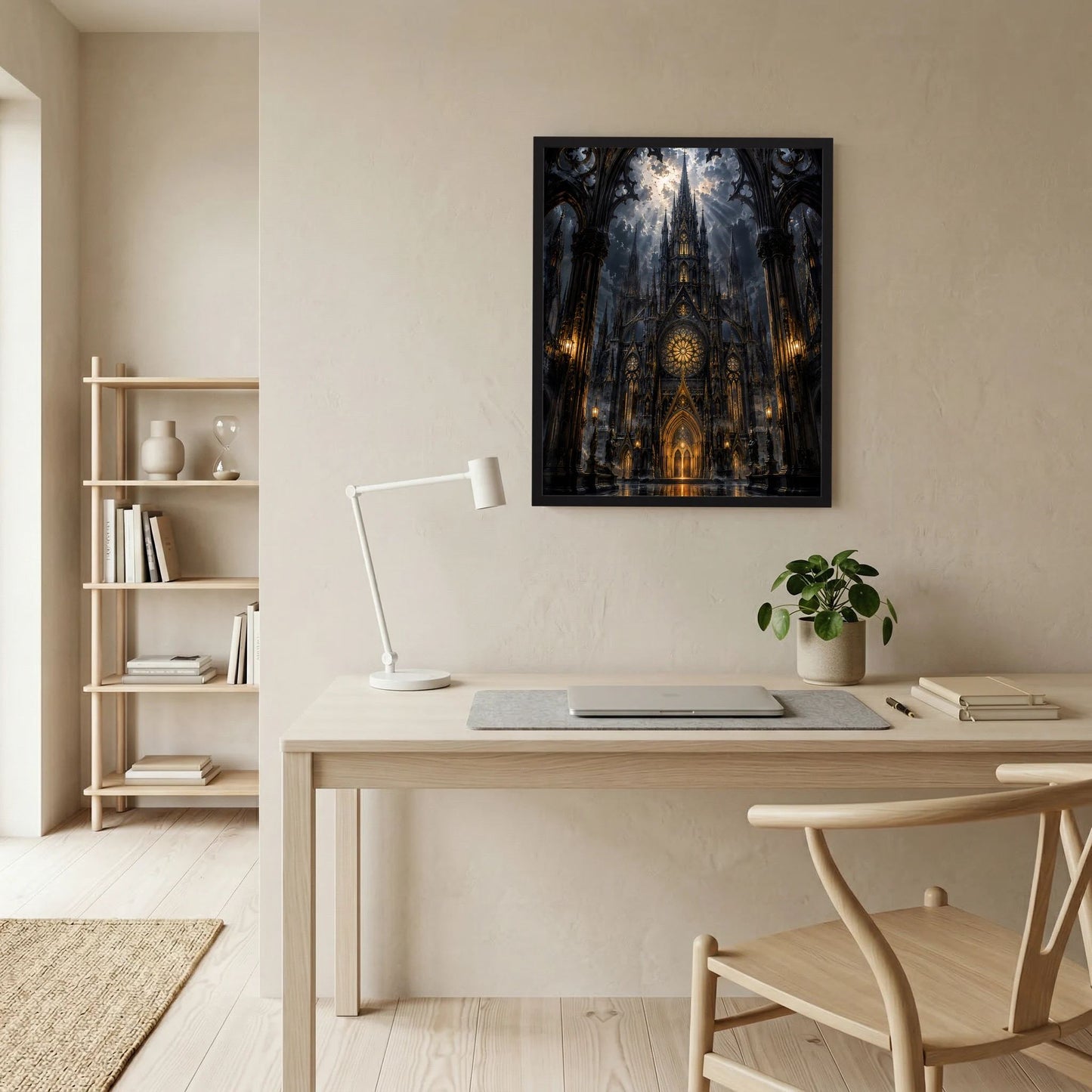 Poster mit gotischer Kathedrale in Schwarz und Gold, im schwarzen Rahmen an der Wand