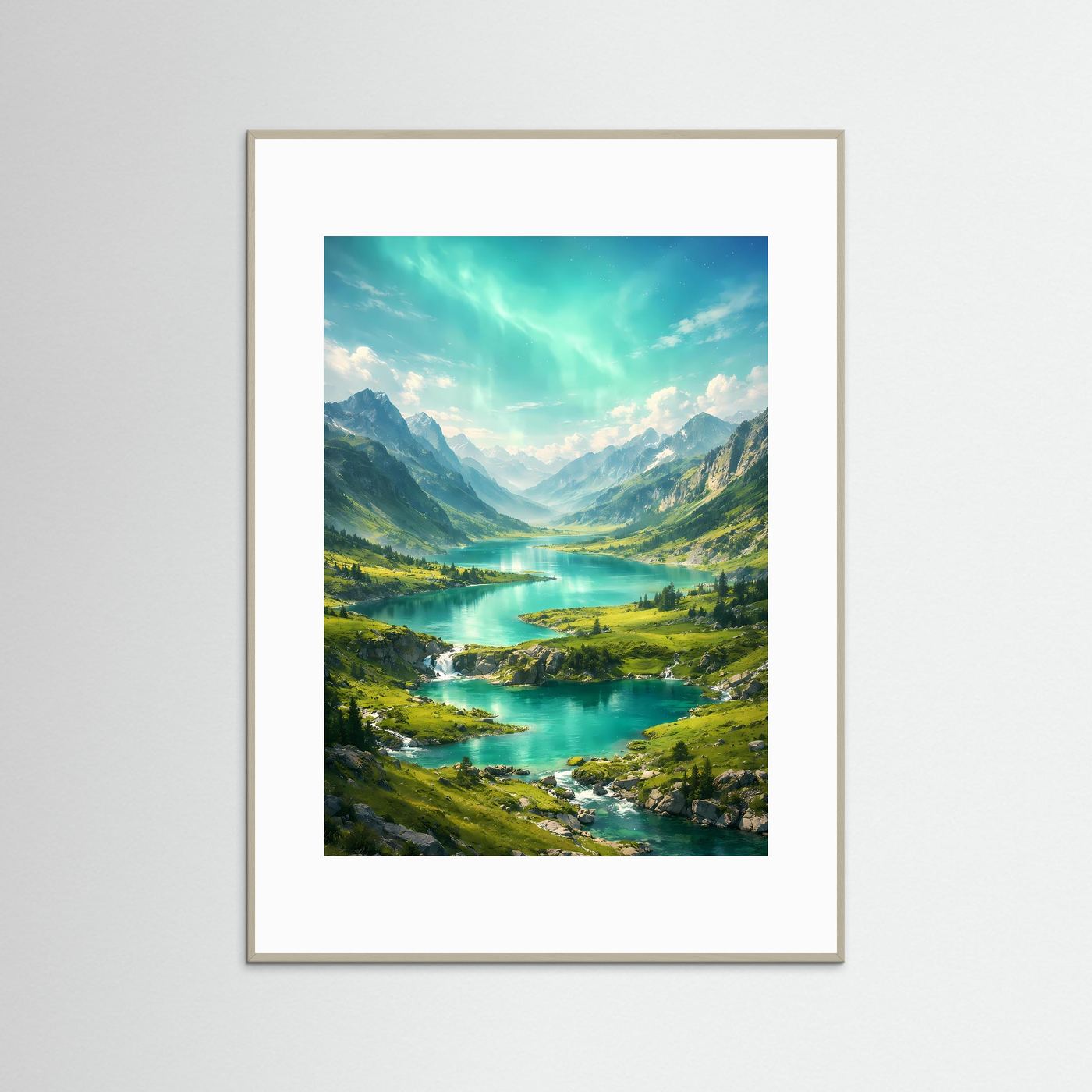 Naturkunst-Poster im Hochformat mit Bergsee und Alpenlandschaft, grauer Rahmen
