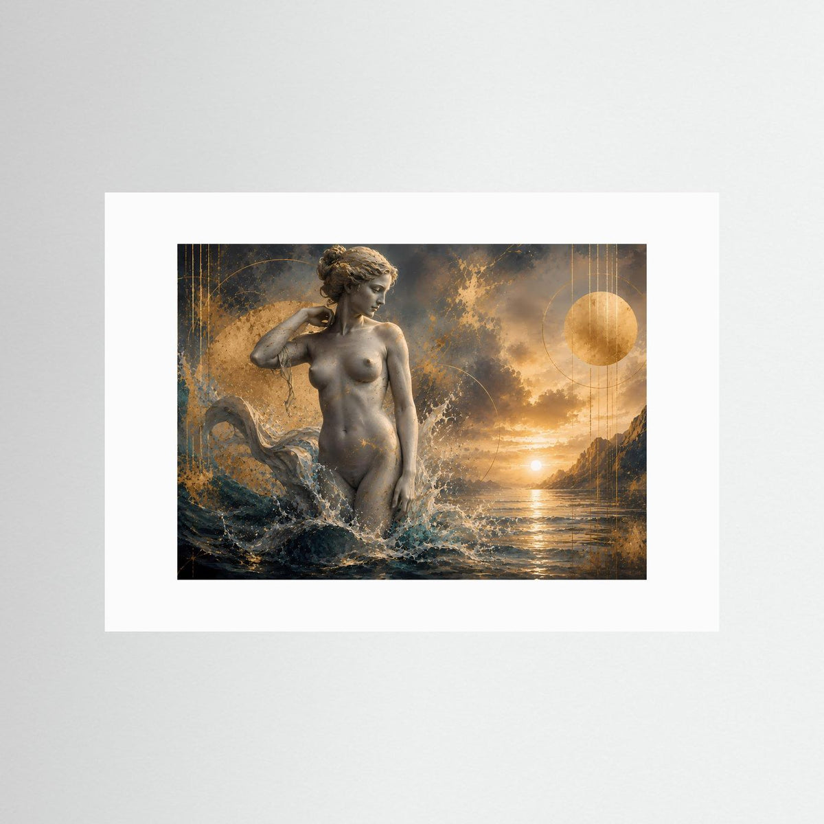 Querformat-Poster mit weißem Passepartout: Frauenfigur im Wasser, goldener Sonnenuntergang