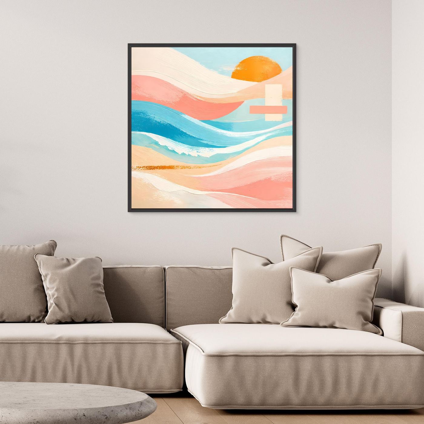 Quadratisches Leinwandbild mit abstrakten Pastellwellen und orangefarbener Sonne, schwarzer Rahmen