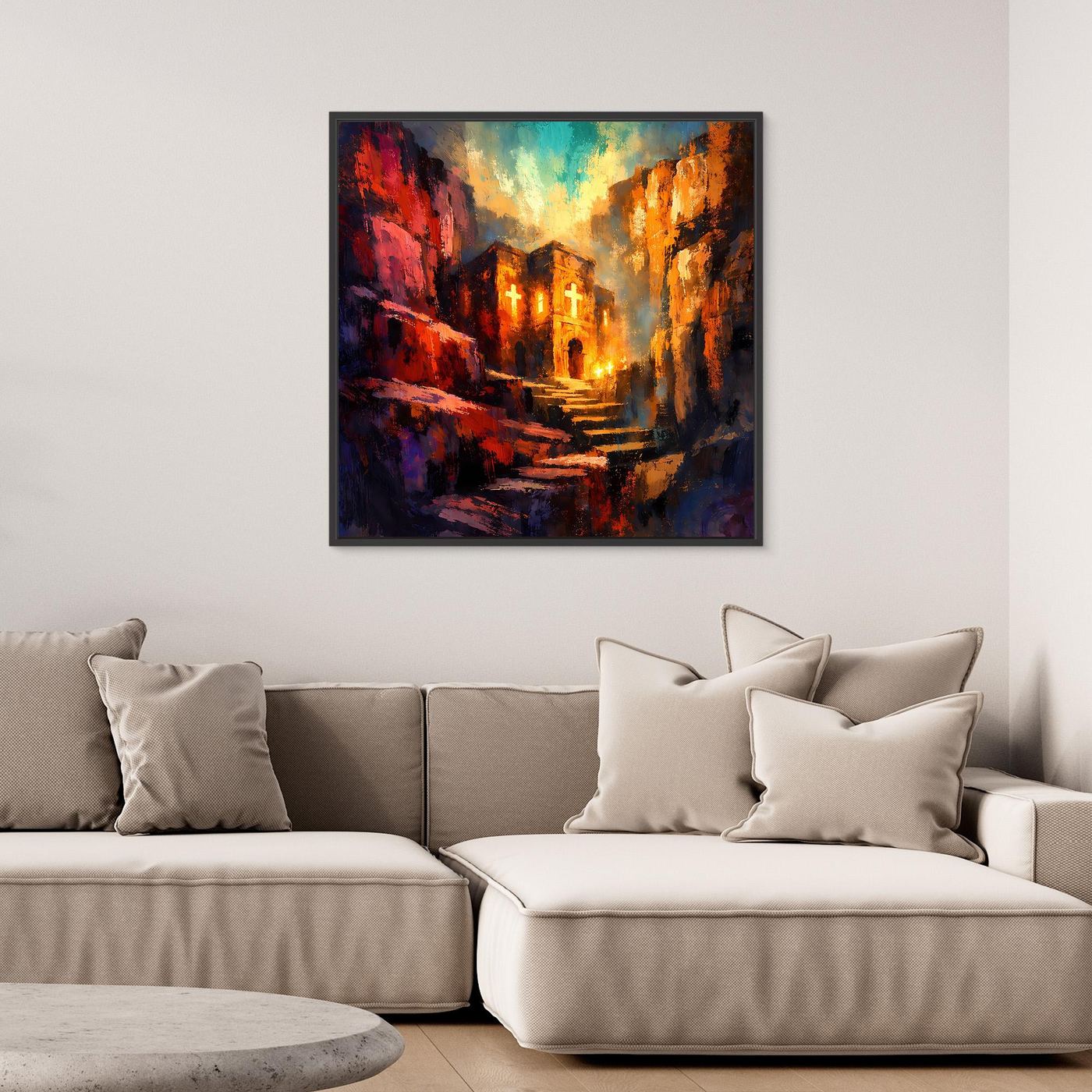 Wandbild auf Leinwand mit abstraktem Kirchenkloster-Motiv in warmen Rot- und Orangetönen, schwarz gerahmt