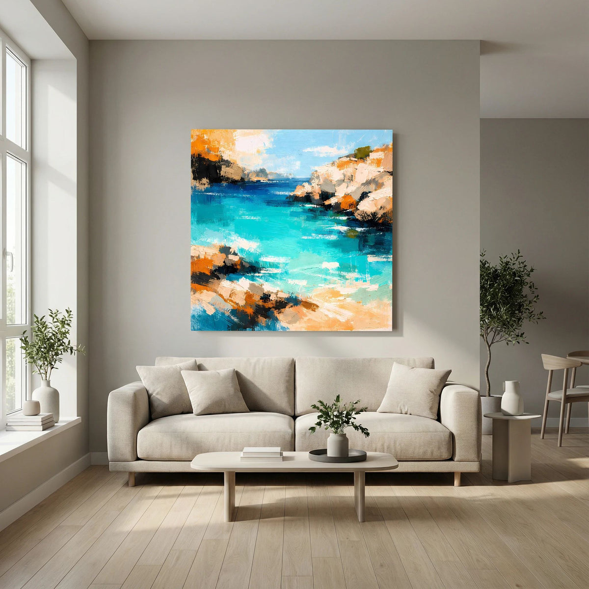 Abstraktes Küsten-Leinwandbild mit türkisblauem Wasser, orange-braunen Uferflächen und hellem Farbschimmer.