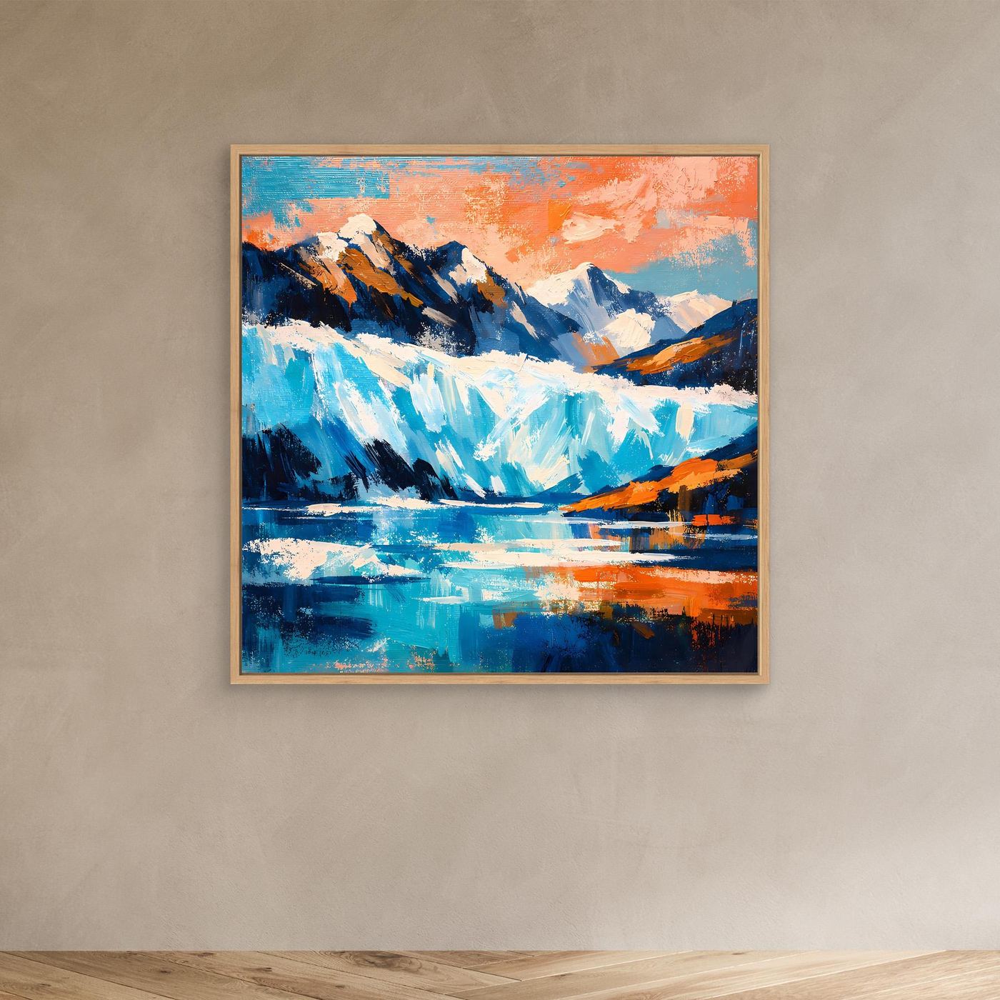 Wandbild mit abstrakter Arktislandschaft im Eichenrahmen: Berge, Gletscher, Eis in Blau/Orange.
