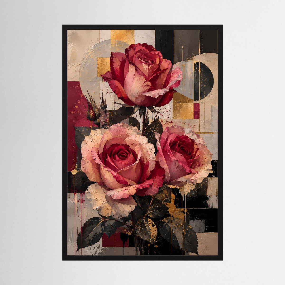 Blumenposter mit drei Rosen in Rot, Rosa und Gold; schwarzer Rahmen, Hochformat.