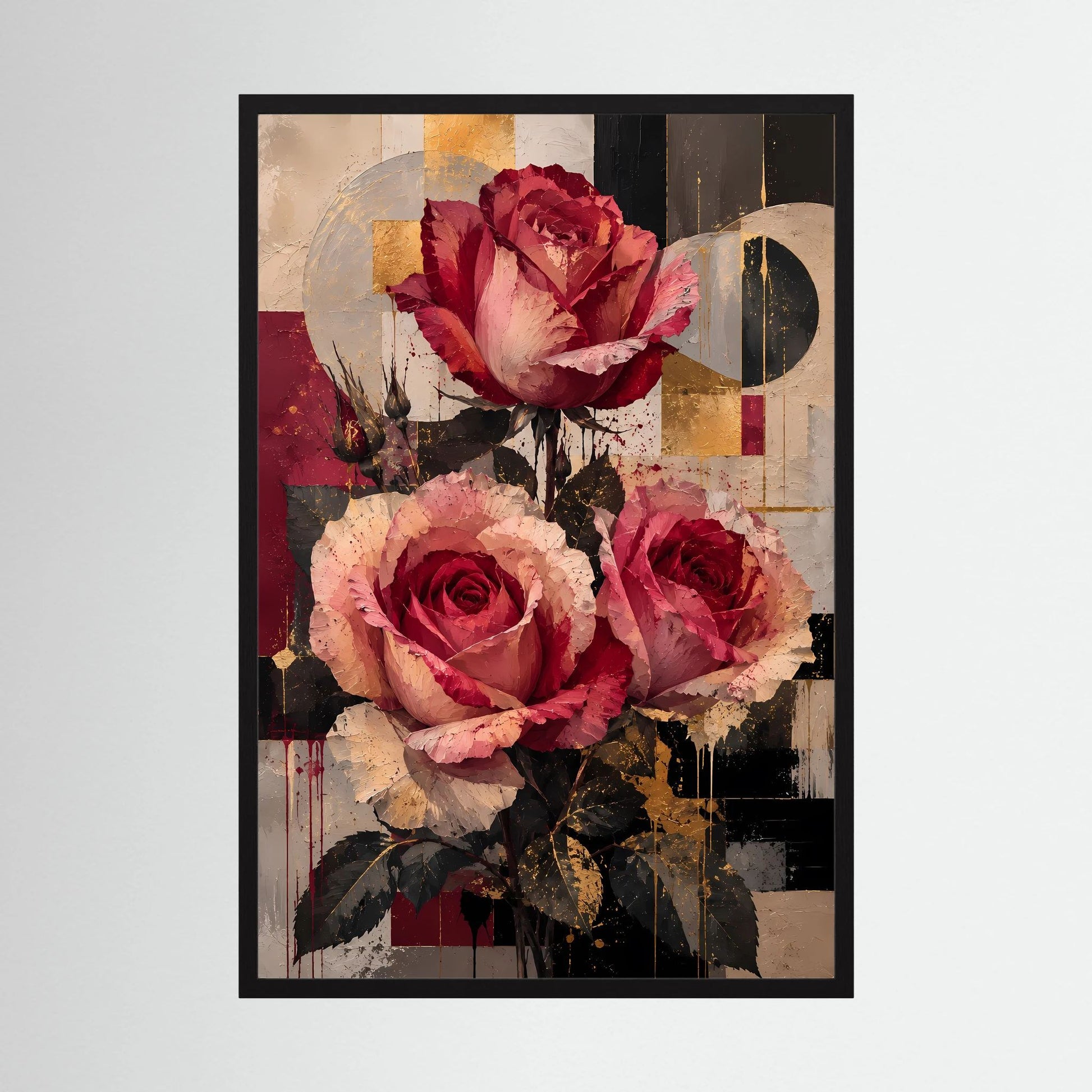 Blumenposter mit drei Rosen in Rot, Rosa und Gold; schwarzer Rahmen, Hochformat.