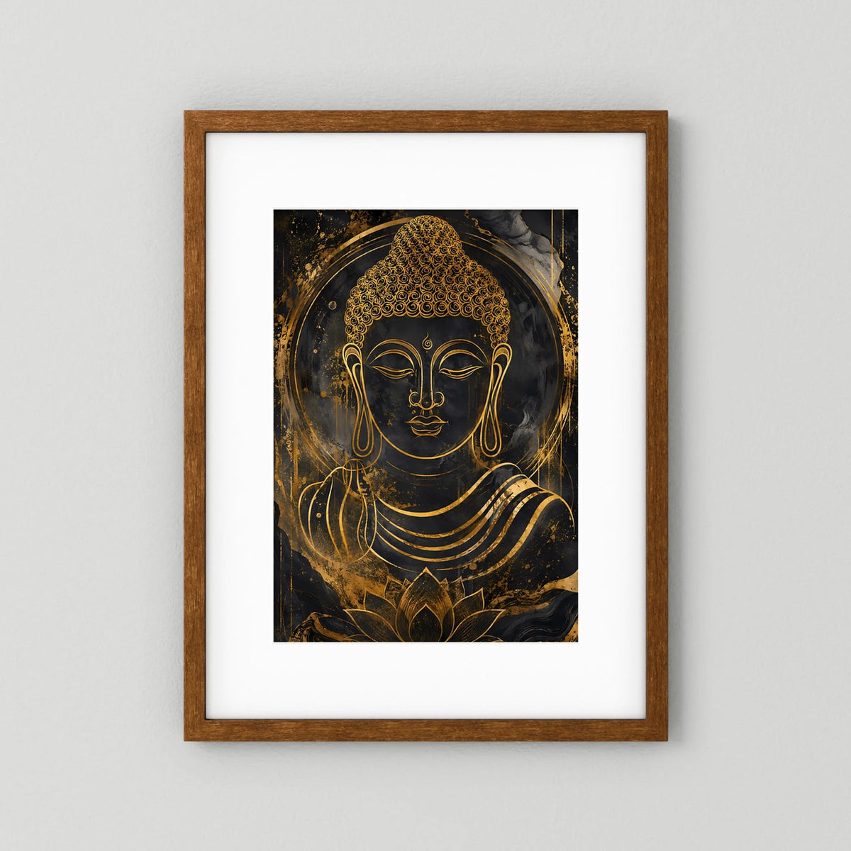 Buddha-Poster Hochformat mit goldener Buddha-Illustration und Lotusmotiv im braunen Holzrahmen