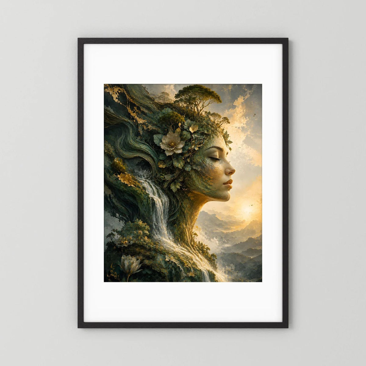 Wandposter Hochformat: Porträt Naturfrau mit Wasserfall und Wald, schwarzer Rahmen mit weißem Rand