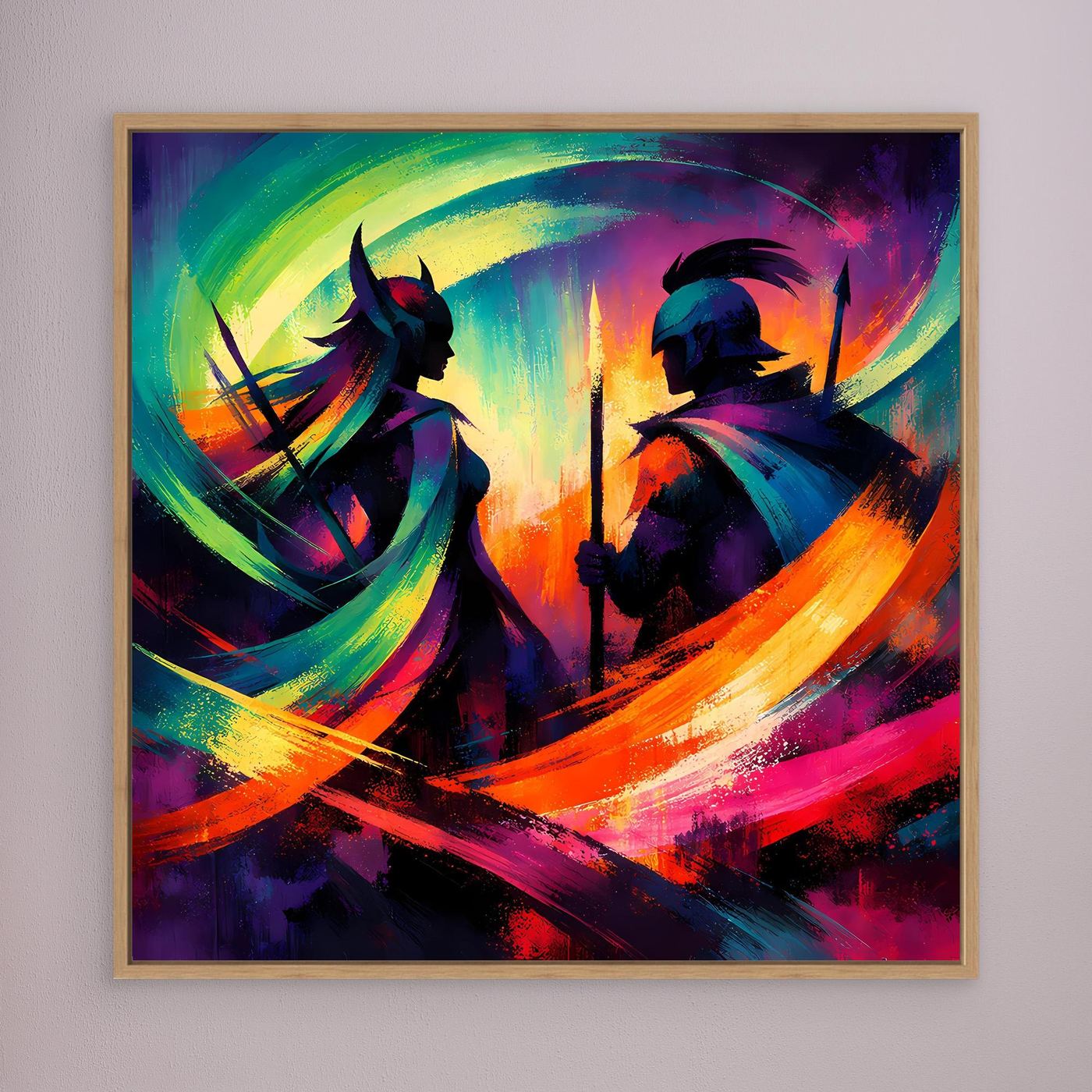 Leinwandbild mit zwei Krieger-Silhouetten und bunten Pinselstrichen, Eichenrahmen