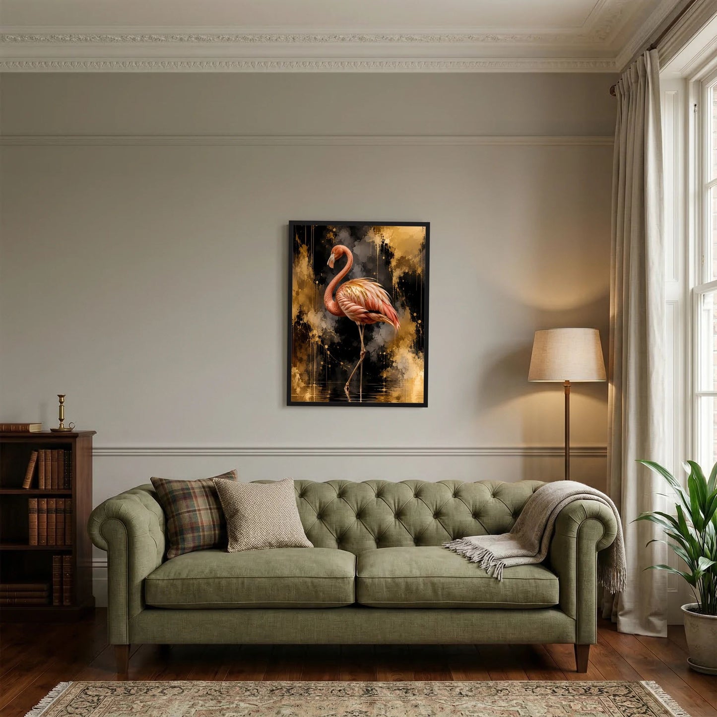 Hochformat-Poster mit rosafarbenem Flamingo im gold-schwarzen Farbauftrag
