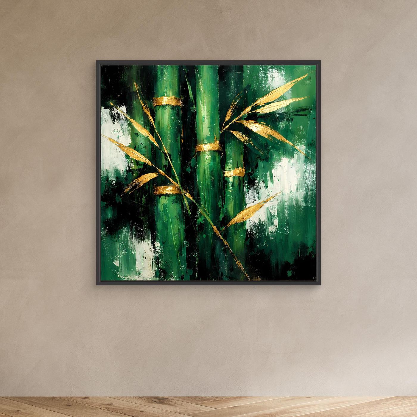 Leinwand Abstraktes Bambus Gemälde in Grün und Gold | Modernes Natur Wandbild