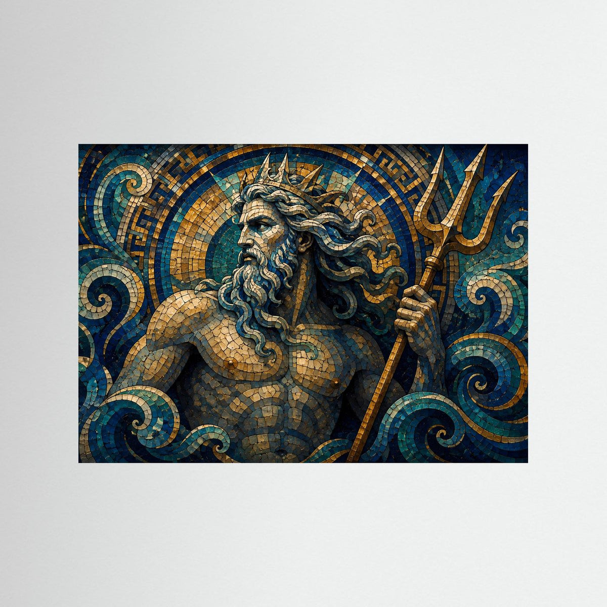 Querformat-Poster: Poseidon im Mosaikstil mit Dreizack, Blau-Gold-Gewässermotive