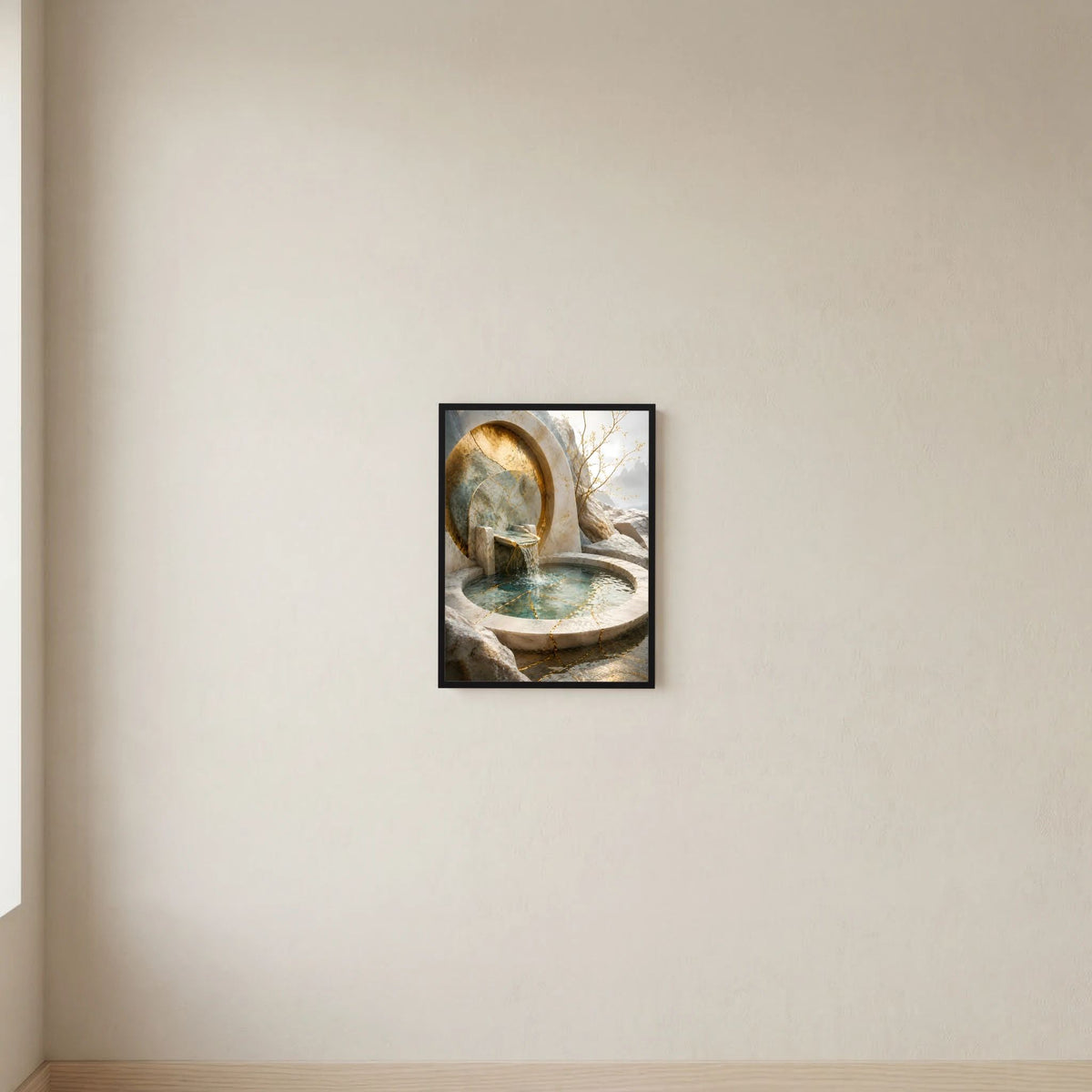 Hochformat-Poster mit goldfarbenem Bogen über Steinbrunnen und türkisfarbenem Becken