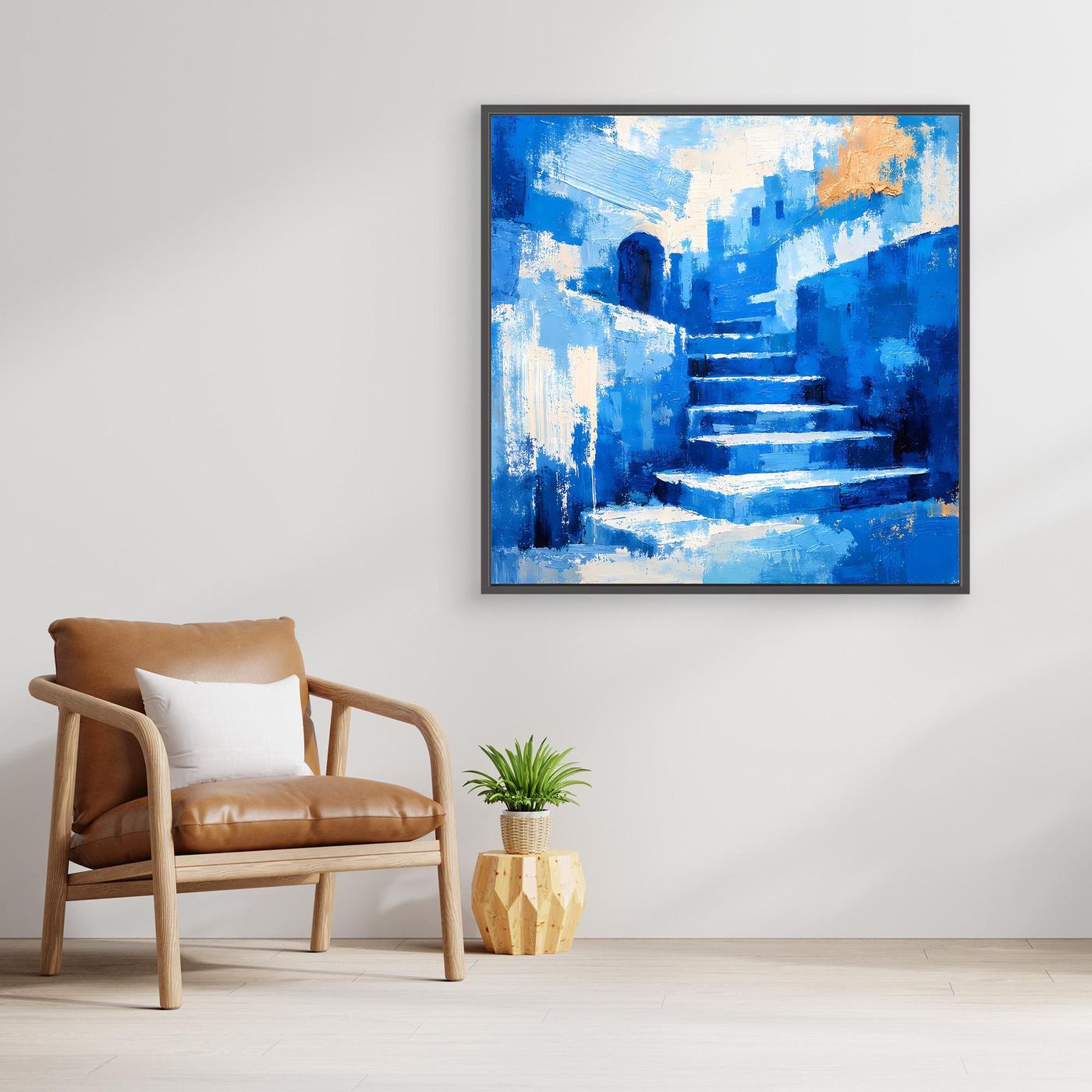 Abstraktes Leinwand-Wandbild mit blauem Treppenweg, schwarzer Rahmen