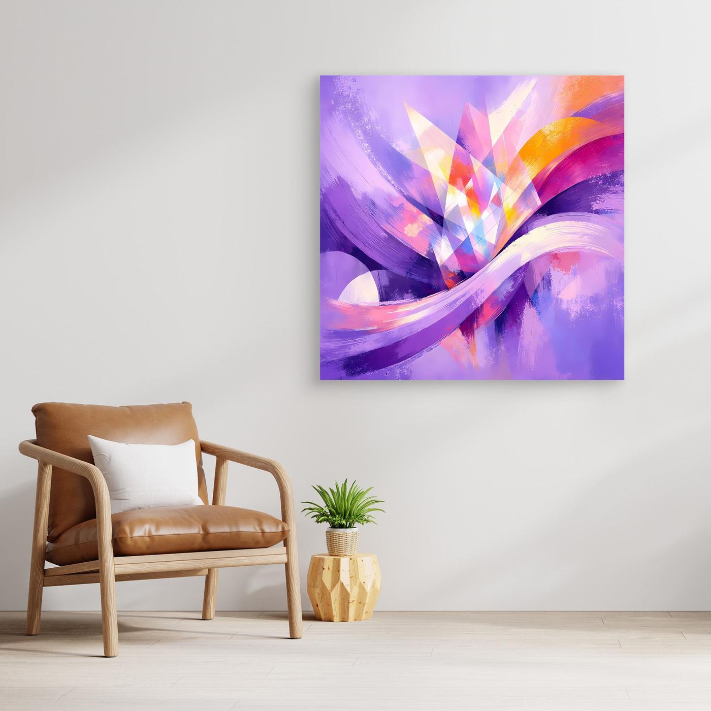 Leinwandbild ohne sichtbaren Rahmen mit abstrakten lila Blüten und Orange-Akzenten.