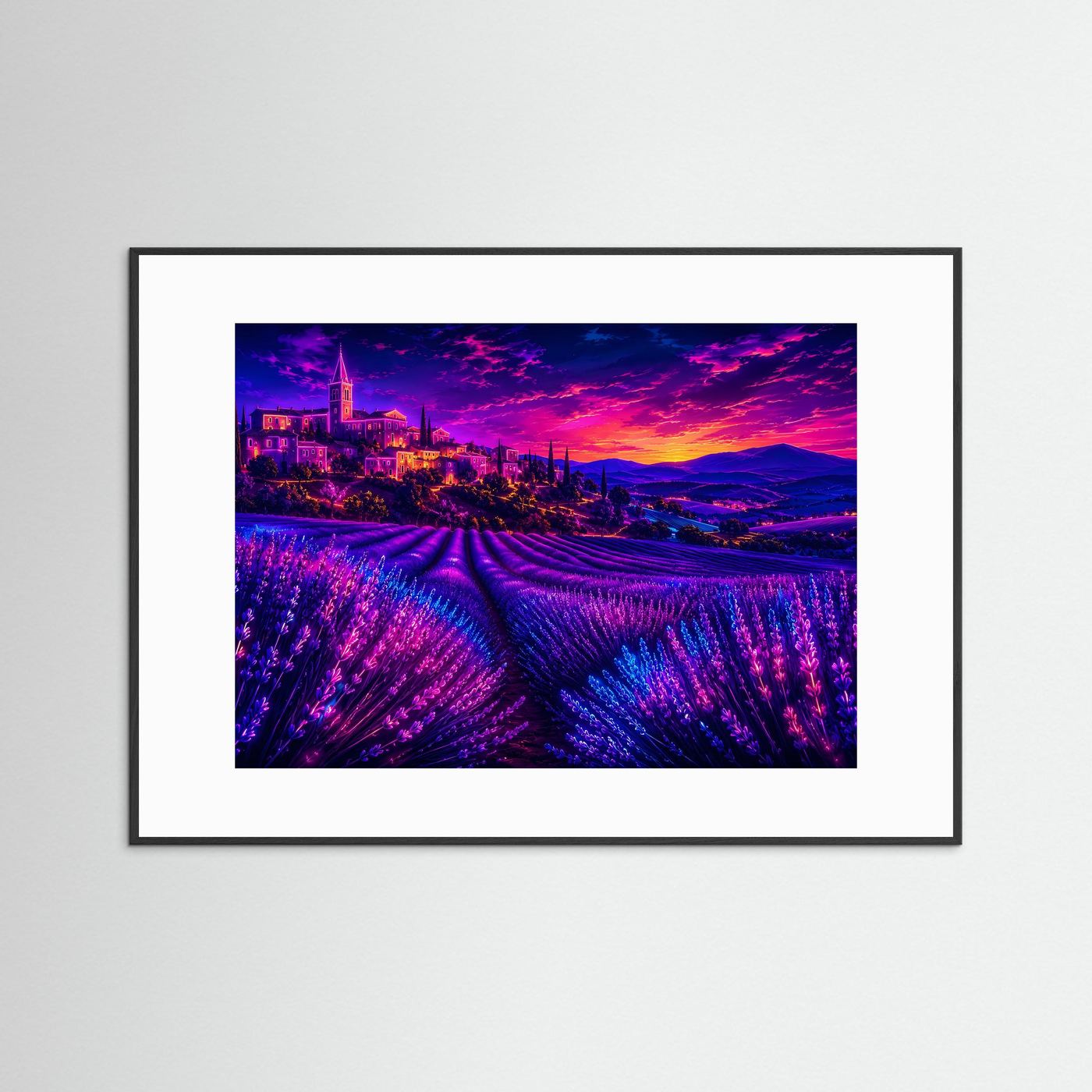 Lavendelfeld im Neon-Sonnenuntergang | Provence Landschaft in Lila & Pink