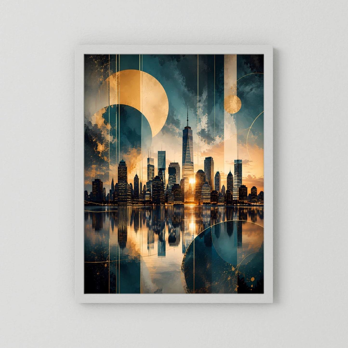 Poster im Hochformat mit abstrakter Skyline in Gold und Petrol, weißer Rahmen