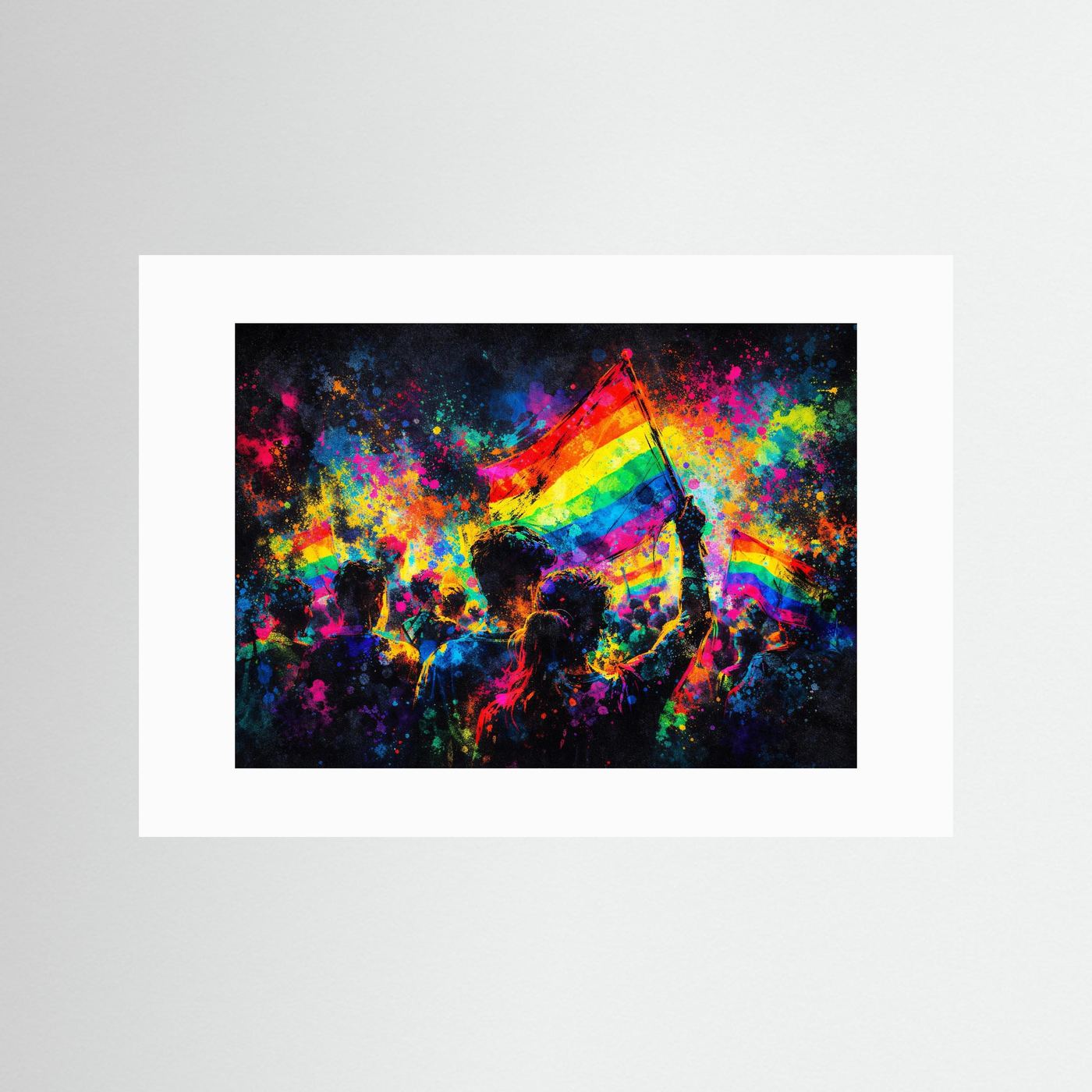 Poster mit Regenbogenflagge und Menschenmenge in bunten Spritzfarben, weißes Passepartout