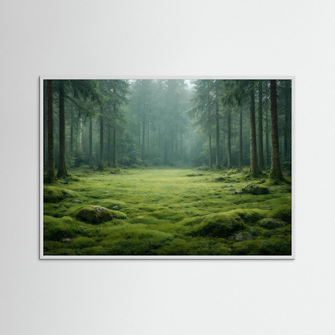 Wandbild mit Waldlandschaft und Moospolster, grauschwarzer Rahmen