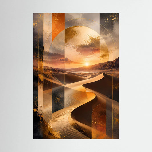 Poster mit abstrakter Wüstenlandschaft, goldene Dünen und Sonnenuntergang in Schwarzbraun