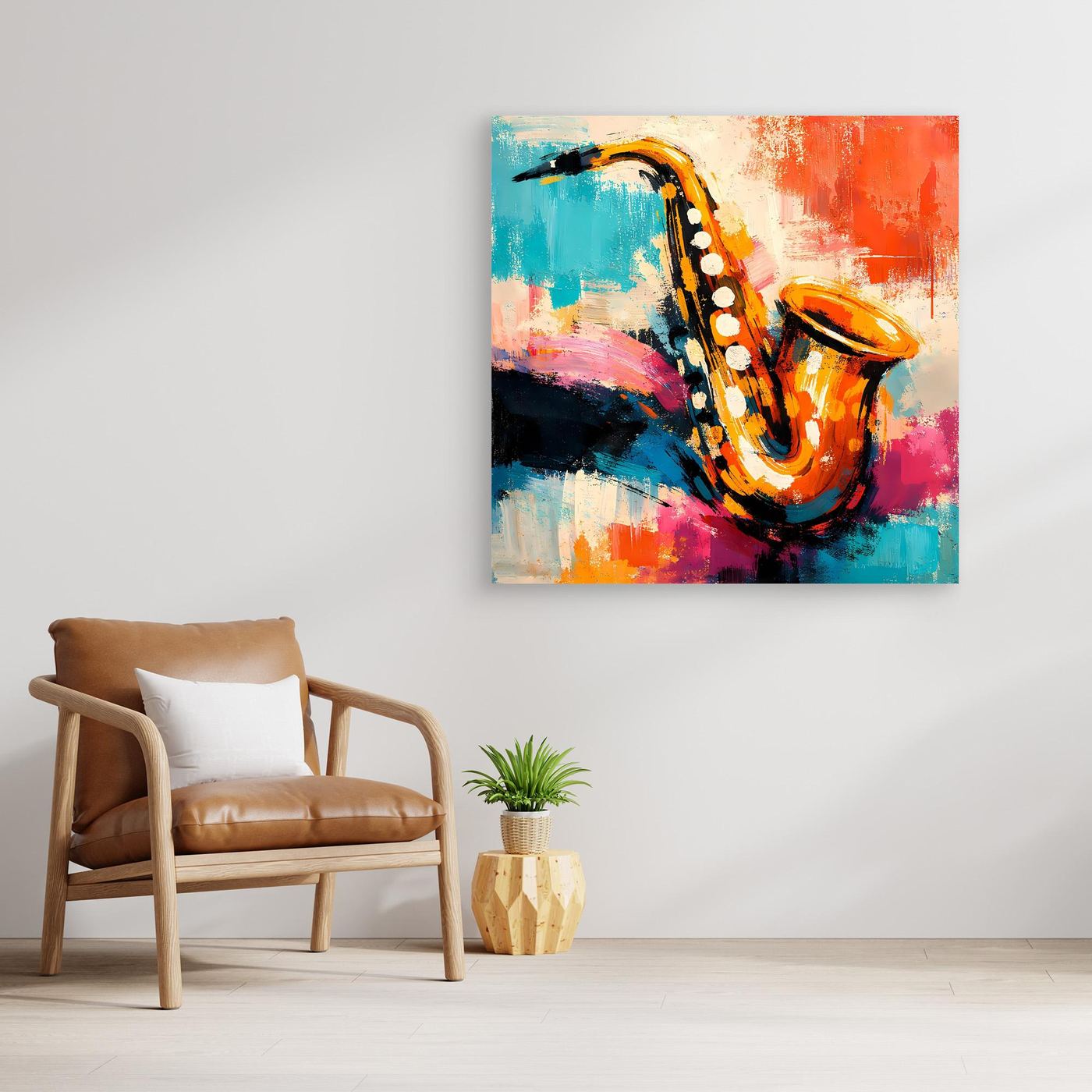 Framed abstract saxophone canvas wall art with colorful paint textures