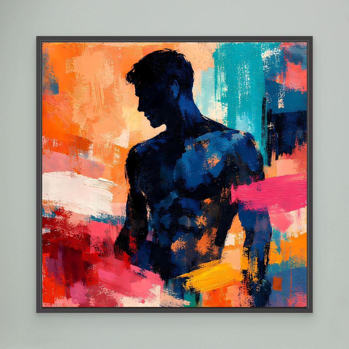 Abstraktes Wandbild: Männer-Silhouette in Blau, orange-, türkis- und pinkfarbene Farbfelder, schwarz gerahmt
