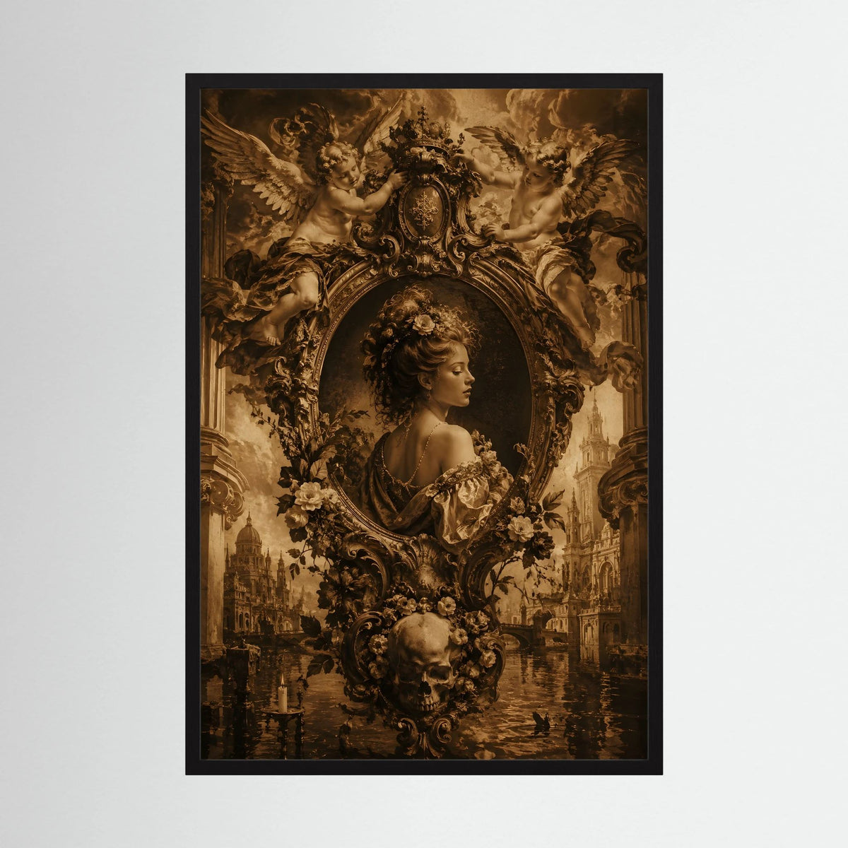 Gothic-Poster im Hochformat mit barocker Frau, Engelsfiguren und Ornamente im dunklen Goldton