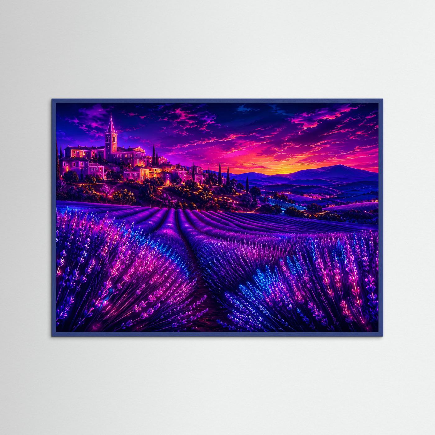 Lavendelfeld im Neon-Sonnenuntergang | Provence Landschaft in Lila & Pink
