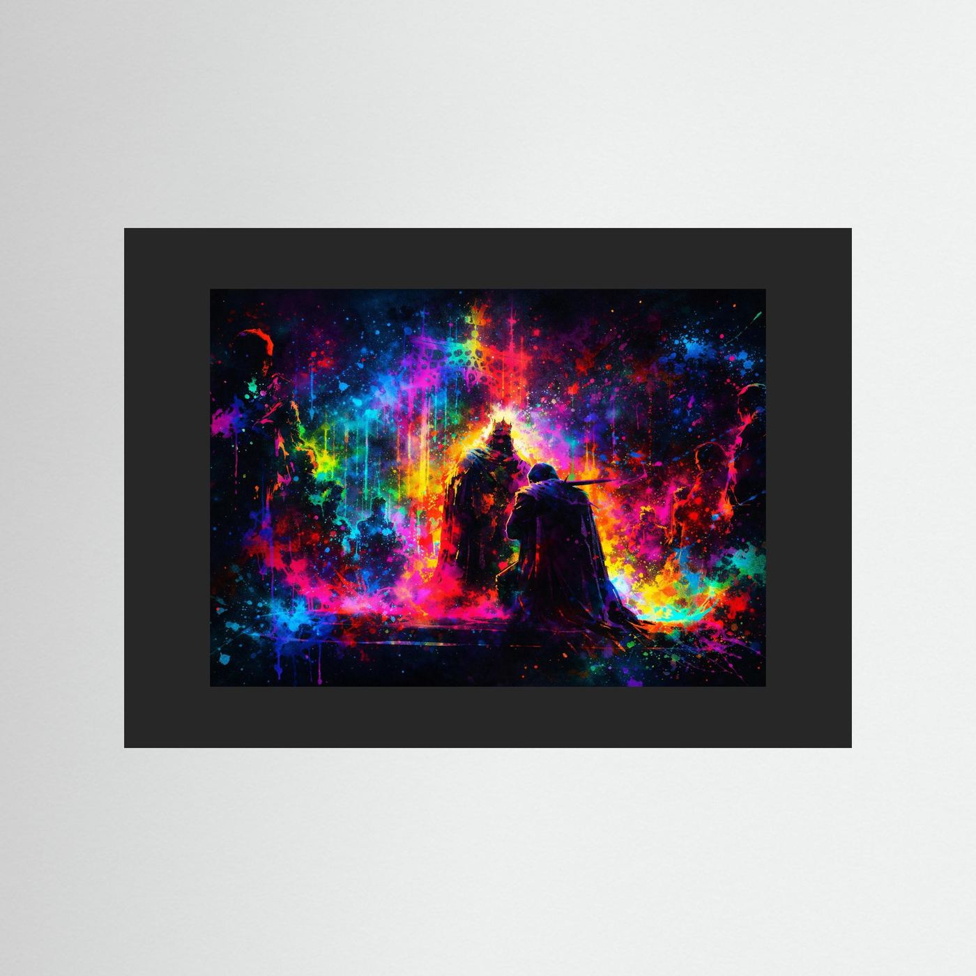 Wandbild mit buntem Fantasy-Motiv: Königskrone und Silhouette mit Umhang, schwarzer Rahmen