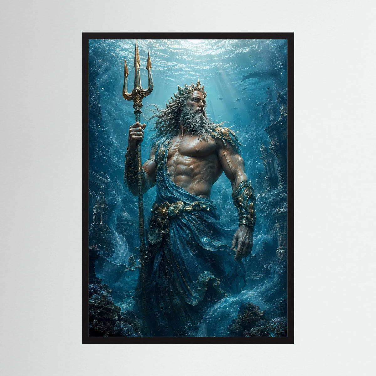 Vertikales Poster mit Poseidon und goldenem Dreizack, im schwarzen Holzrahmen