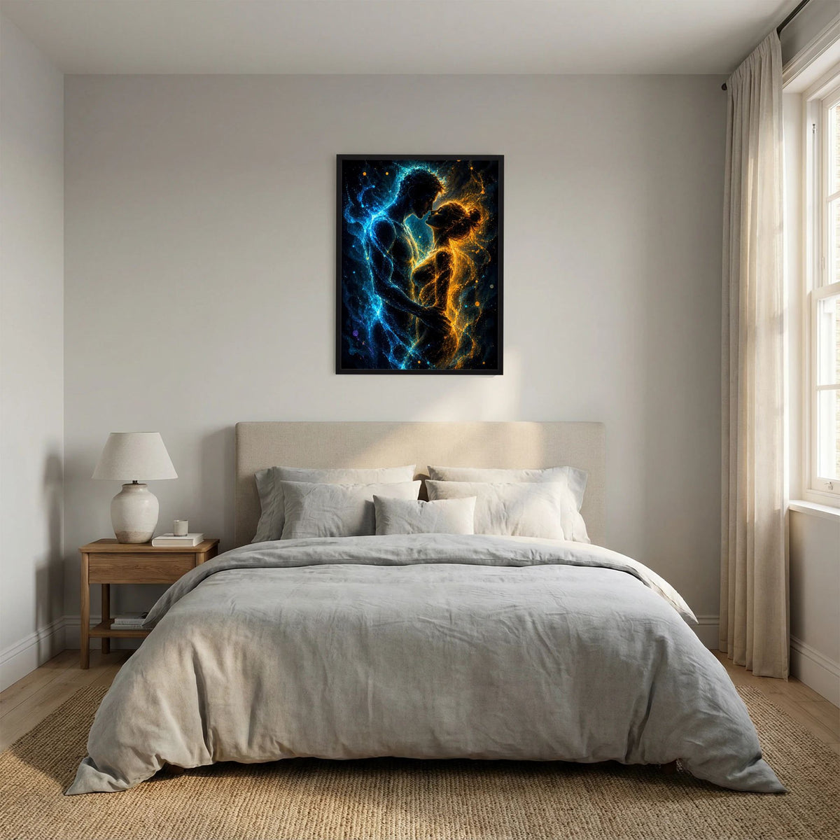 Quadratisches Poster mit schwarzem Rahmen: abstraktes Paar in kräftigem Blau und Gold
