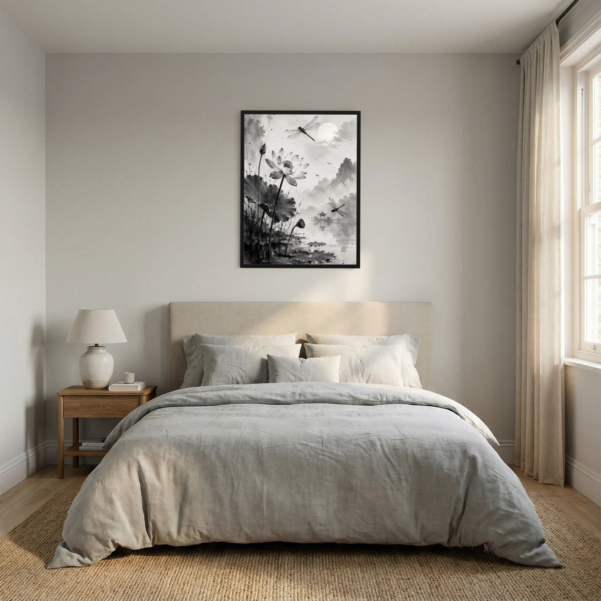 Hochformatiges Poster mit Lotusblüten und Libellen in Schwarzweiß, schwarzer Rahmen