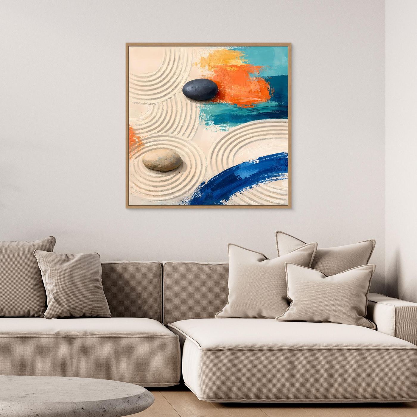 Leinwand Moderner Zen-Garten mit Steinen | Abstraktes Wandbild auf echter Leinwand